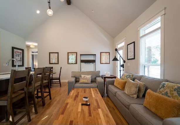 Kitchen & Living Area with Modified Vaulted Ceilings