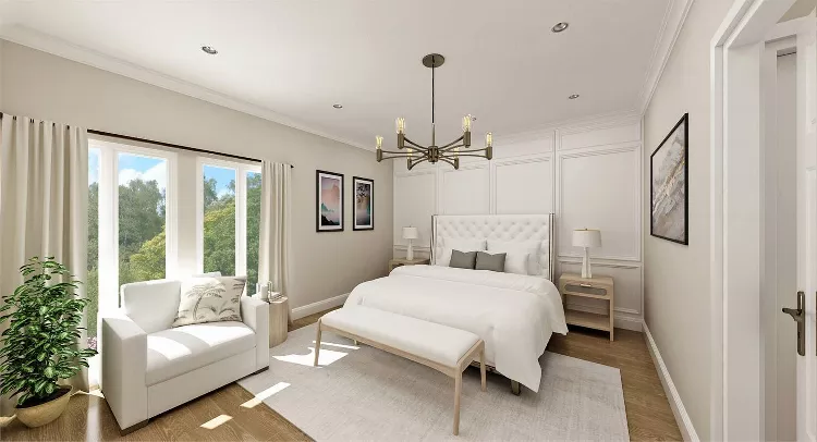 Bright and Airy Primary Bedroom with Large Picture Window