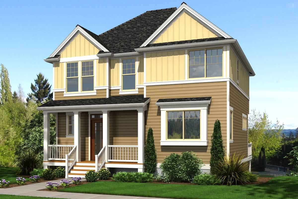 Front Rendering of a Three-Level Traditional Home for a Sloped Lot with a Rear Drive-Under Garage