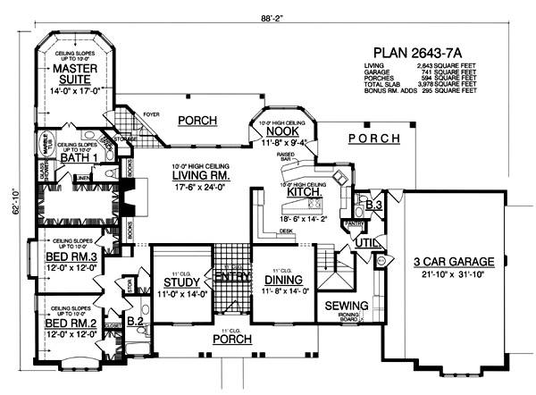 Ranch House Plan with 3 Bedrooms and 2.5 Baths - Plan 2834