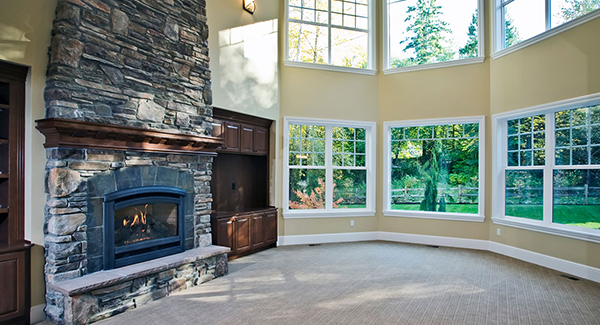 Fantastic Great Room with 2 Story Windows and Fireplace Wall