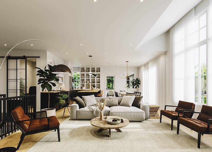Open Concept Living Room with High Ceilings and Windows