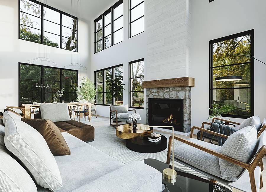 Gorgeous 2 Story Living Room with Fireplace and Huge Windows