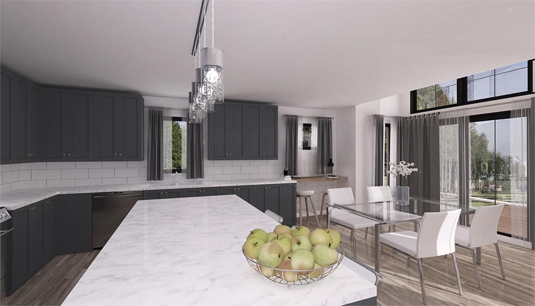Kitchen With Large Eating Island and Sliding Doors to Patio image of The Touchstone 3 House Plan