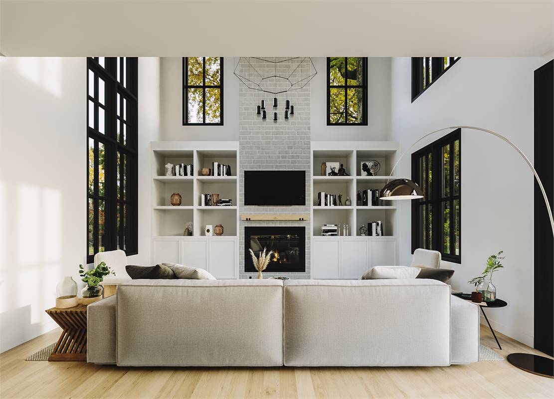 Living Room with Fireplace and Built-in Shelves