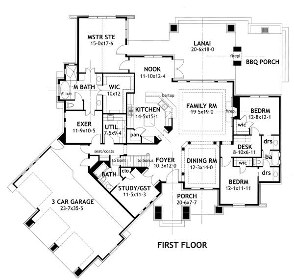 First Floor Plan with gym right off the master bath.