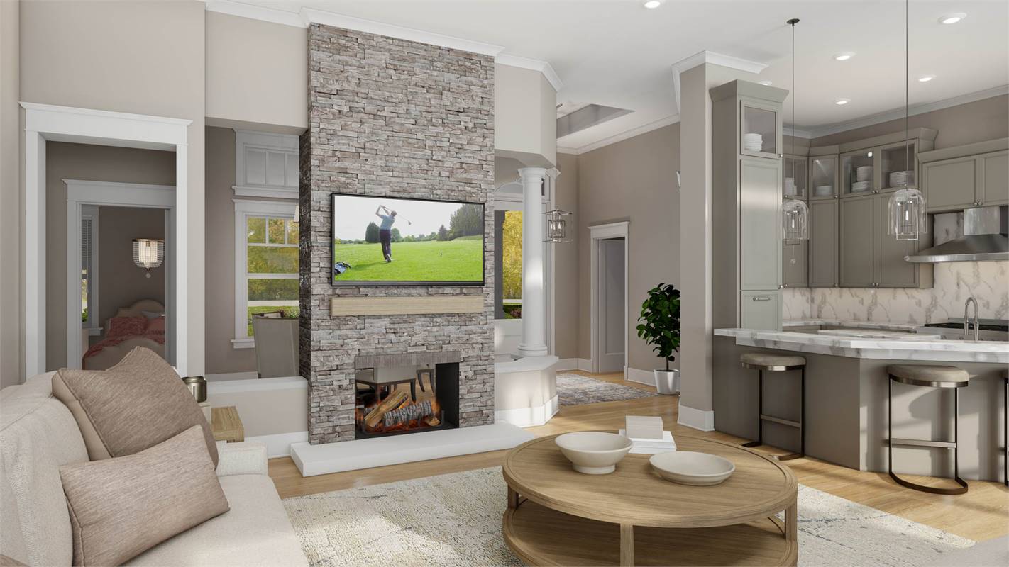 A Double Sided Fireplace in Family & Dining Room
