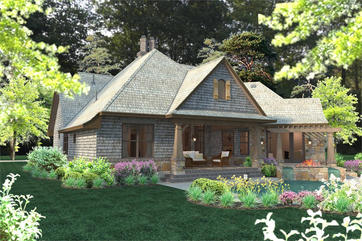 Architect's Rendering Rear & Right Side View image of Reconnaissante Cottage House Plan