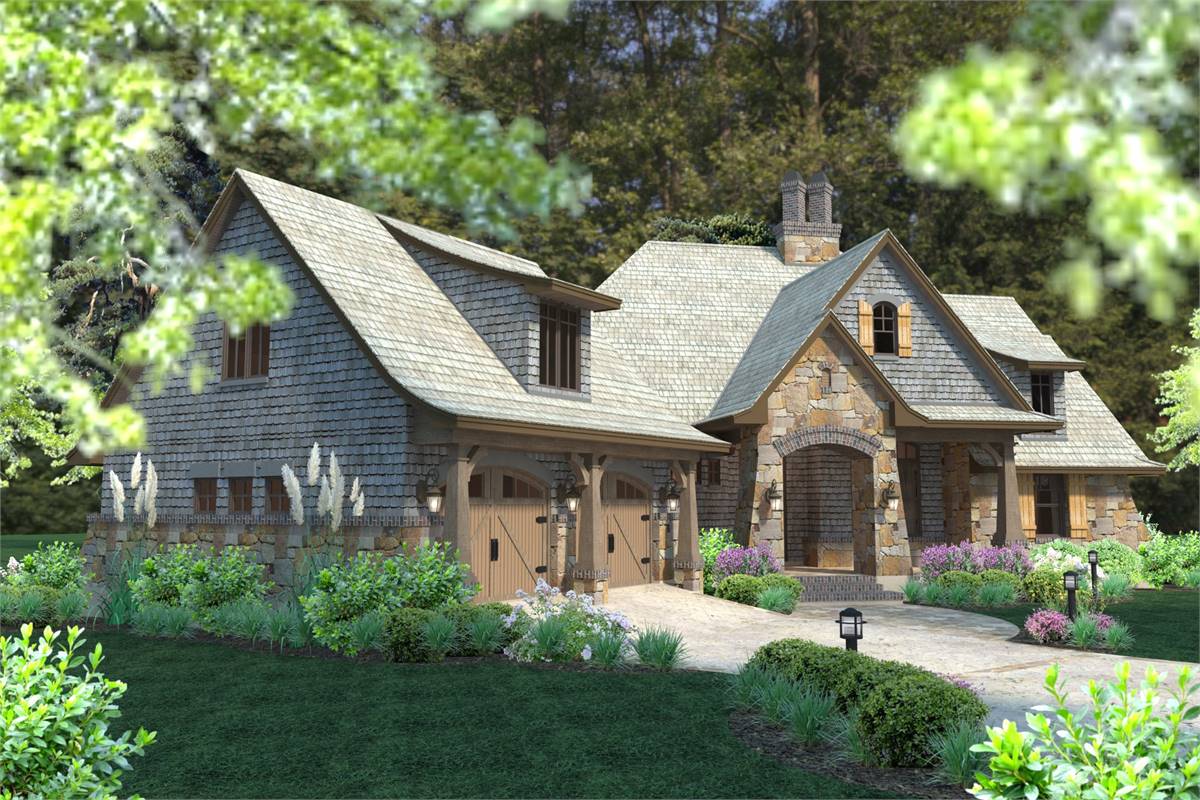Architect's Front and Side View Rendering image of Reconnaissante Cottage House Plan