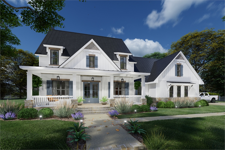 Alternate Finishes with White Siding & Blue Shutters image of The Jefferson House Plan