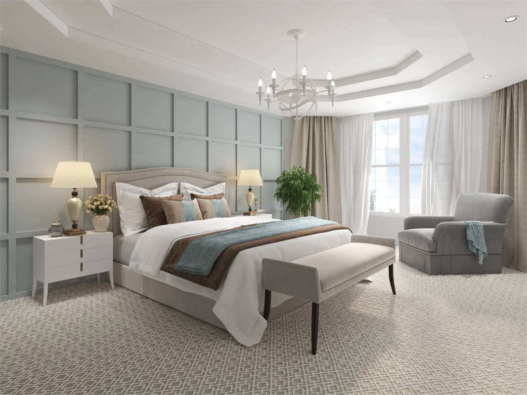Luxury Master Bedroom Featuring Beautiful Ceiling and Window