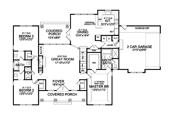 Split Bedroom Ranch Plan With A Large Great Room 3 Bedrooms Plan 9233