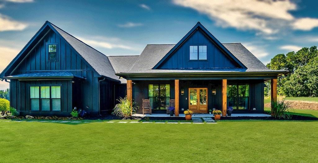 Client Custom Build with Trendy Black Farmhouse Exterior image of Chelci House Plan