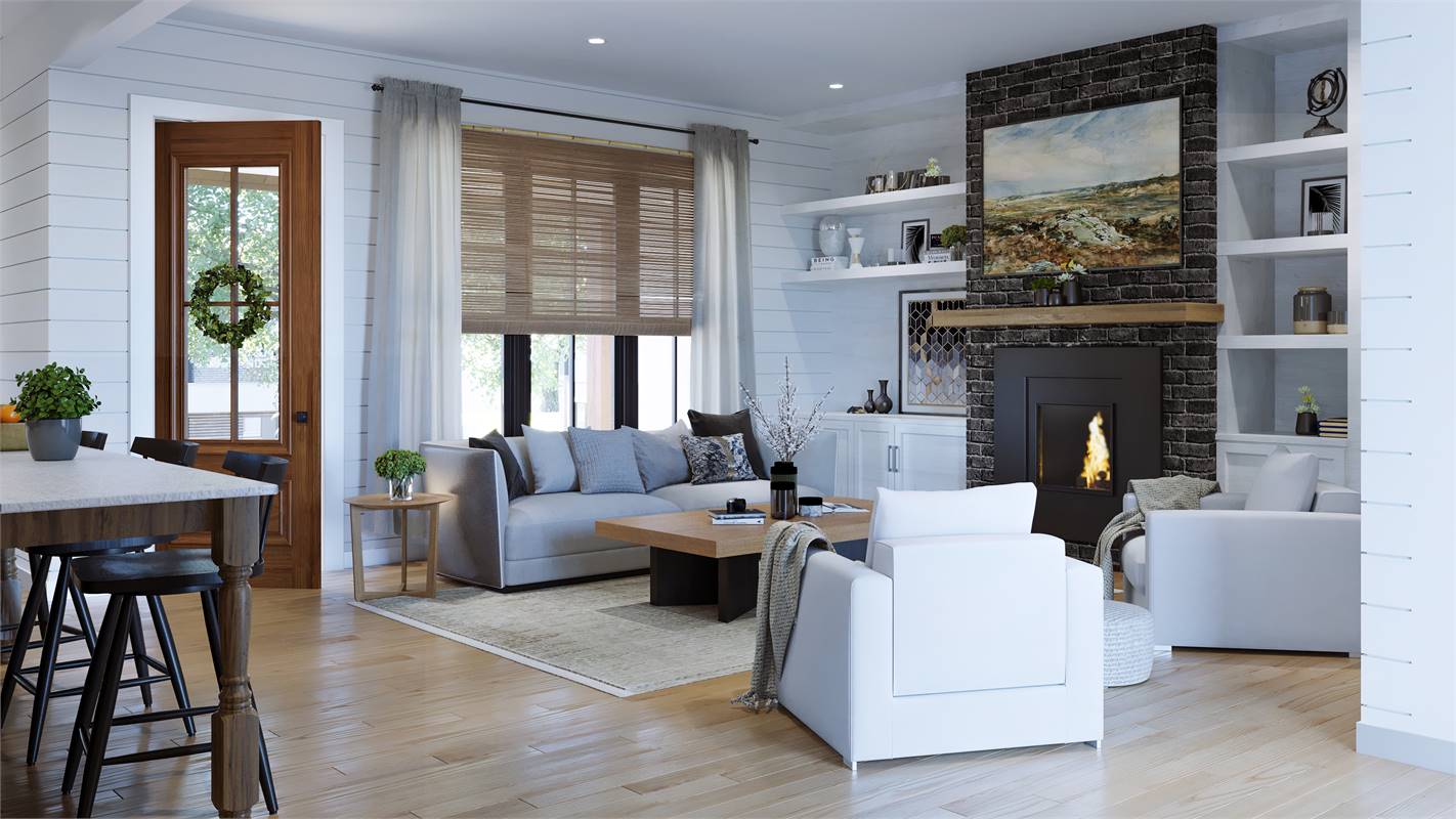 Open Great Room With Therma-Tru® Door and Eldorado Stone image of Green Hills House Plan