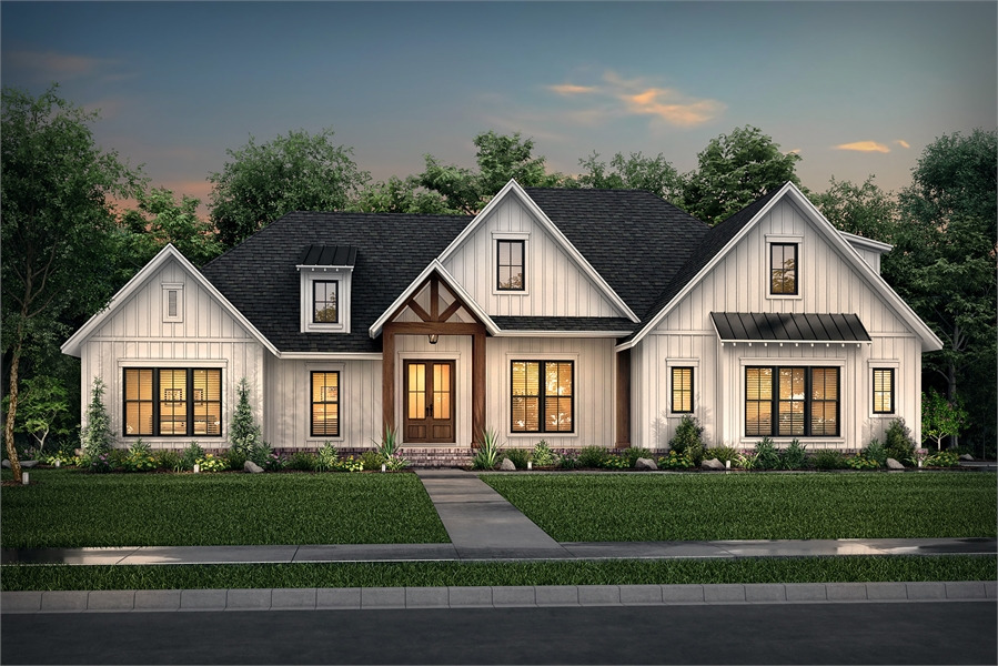 Front View at Dusk Featuring Pella Windows image of Morning Trace House Plan