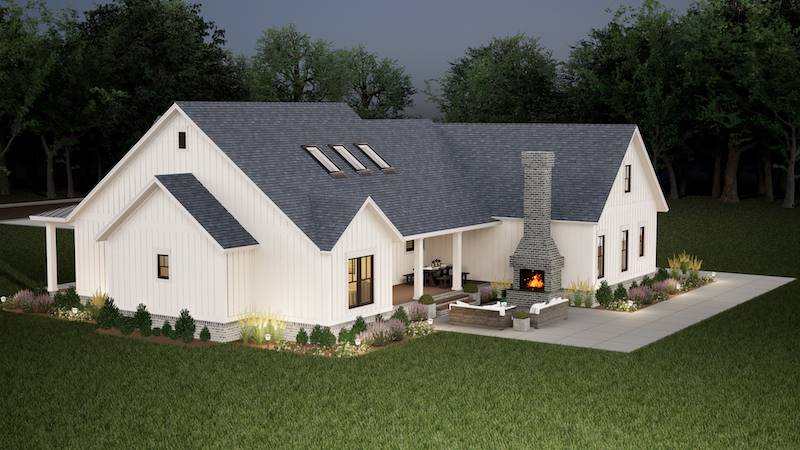 Rear View with Customer Added  Eldorado Stone® Fireplace image of Walden House Plan
