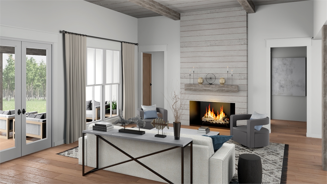 Open-Concept Living Room with Fireplace & Beamed Ceiling