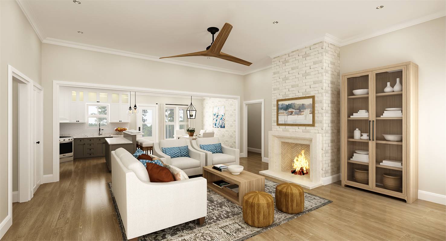 Open-Concept Living & Fireplace Featuring Eldorado Stone image of Stonebrook House Plan