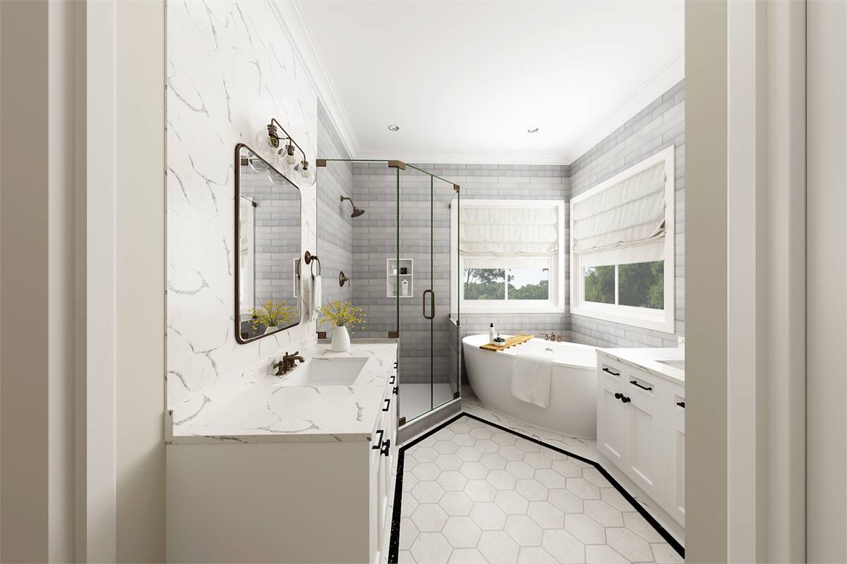 Serene Bathroom Suite with Separate Vanties and Soaking Tub image of Stonebrook House Plan