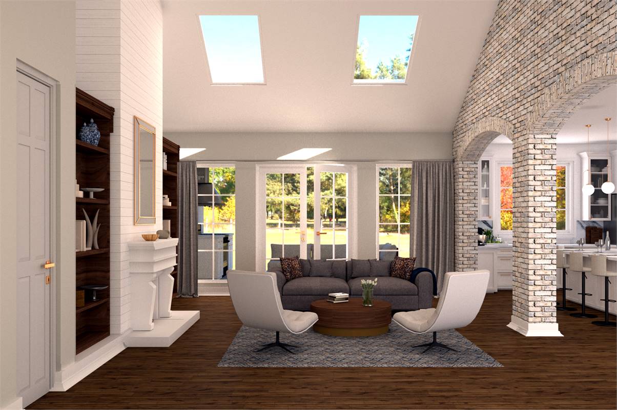 Lovely Living Room with Skylights and View to Rear Porch