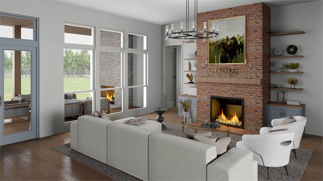 Great Room with Eldorado Stone®, Therma-Tru®, and Heat & Glo