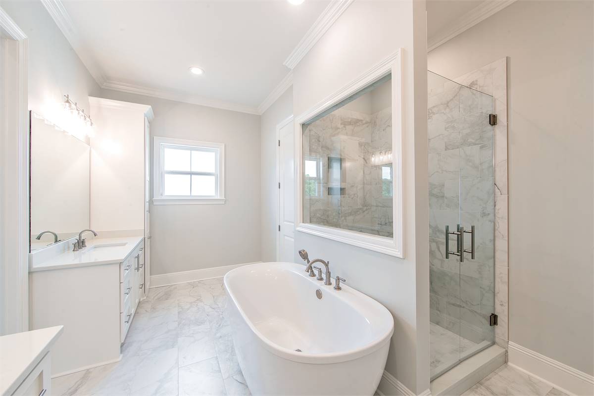 Master Bath with Soaking Tub and Walk-In Shower image of Wildwood House Plan