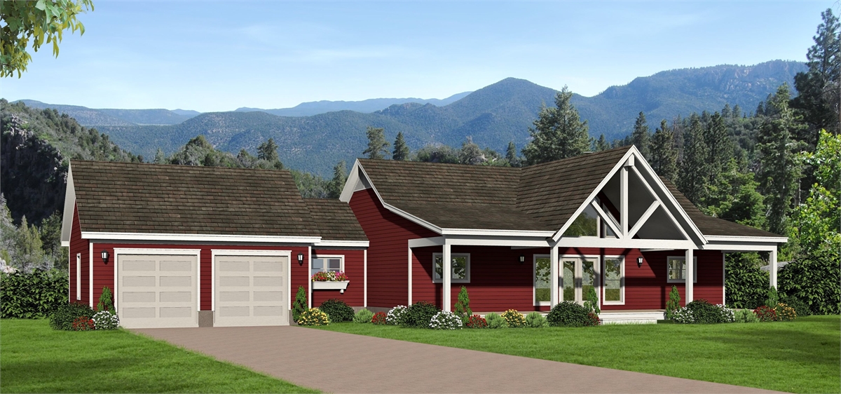 Front Rendering of a Split-Bedroom Ranch House Plan for a Sloped Lot 