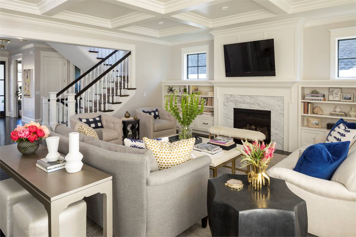 Open Concept Great Room with Beautiful Coffered Ceiling