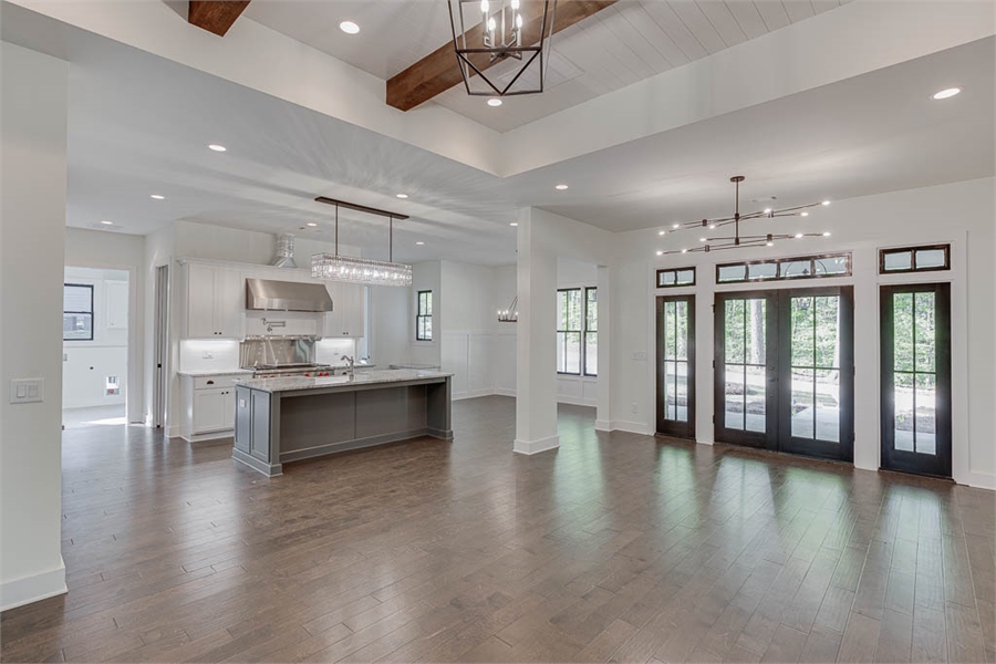 Open Concept Kitchen & Great Room with Beamed Tray Ceiling image of Tiverton House Plan